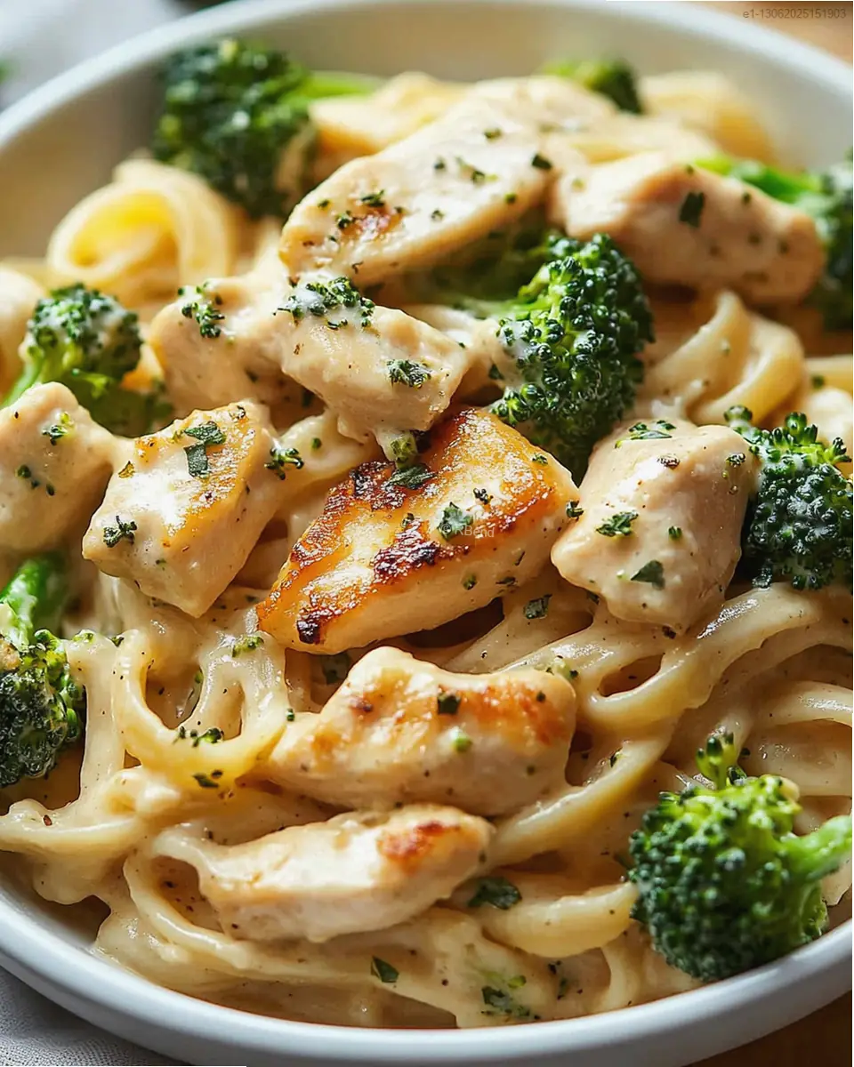Pasta larga con pollo, brócoli y salsa cremosa en sartén blanca