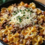 Pasta farfalle con carne picada y salsa cremosa de parmesano en sartén blanca