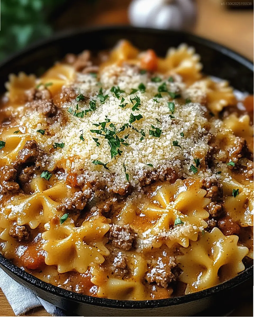 Pasta farfalle con carne picada y salsa cremosa de parmesano en sartén blanca