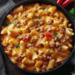 Pasta con carne picada de pavo, queso fundido y salsa mexicana cremosa en sartén