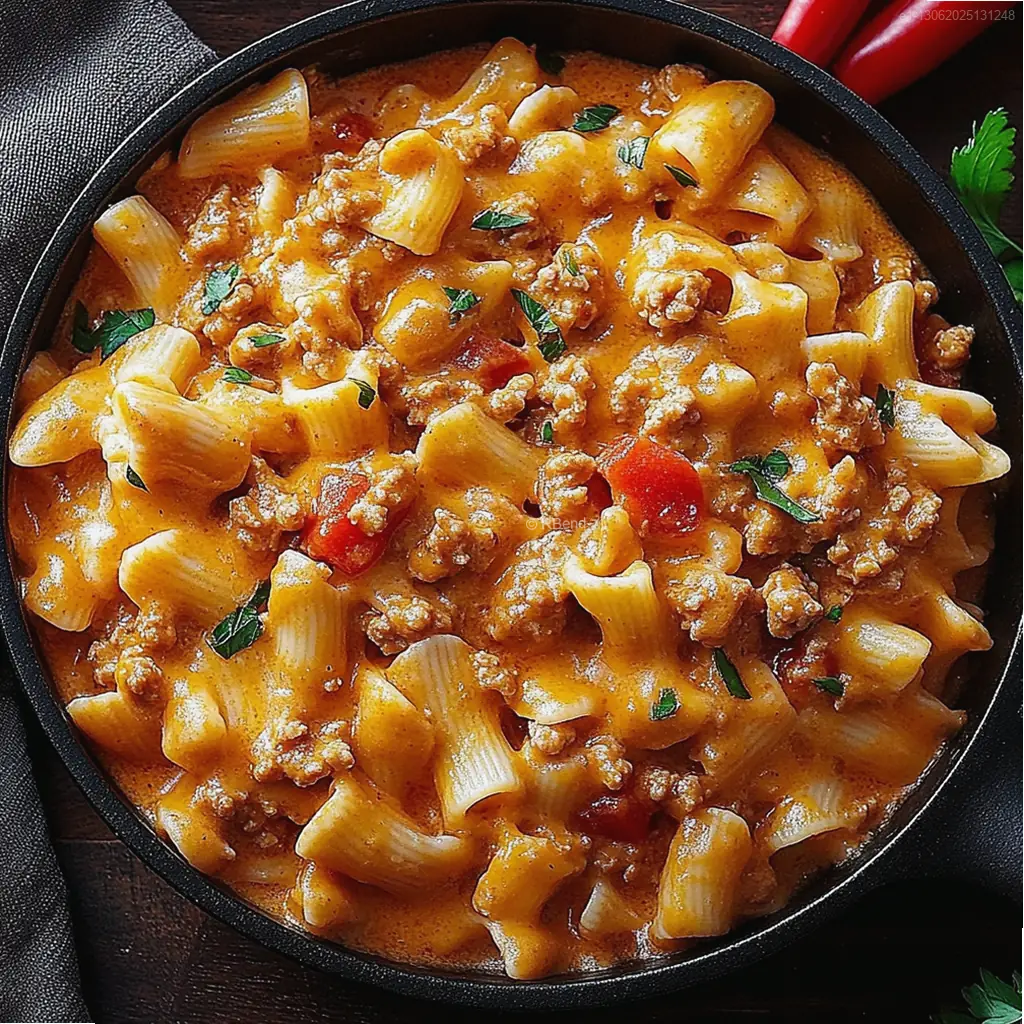 Pasta con carne picada de pavo, queso fundido y salsa mexicana cremosa en sartén