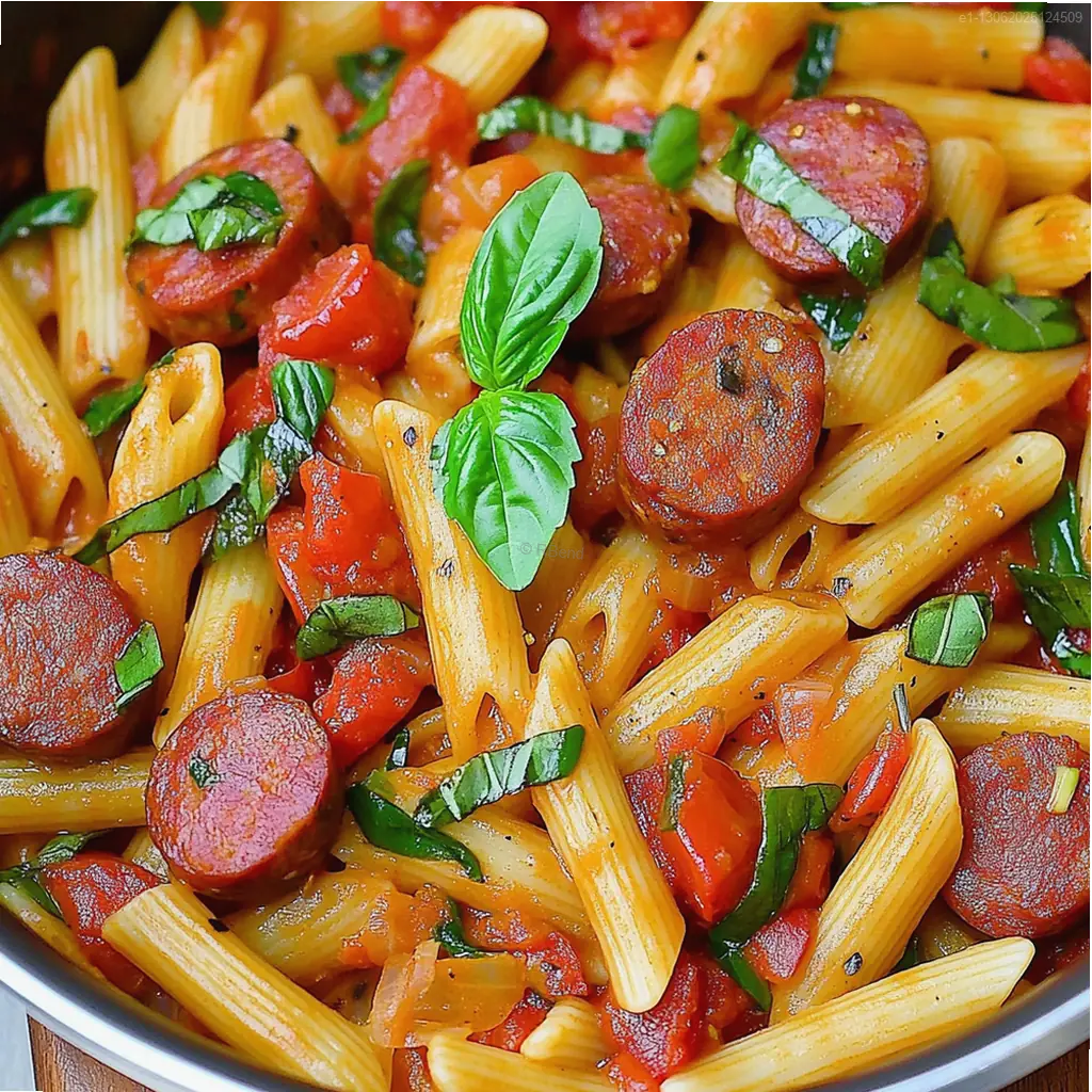 Kielbasa dorada con pasta y verduras coloridas en salsa cremosa
