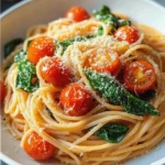 Pasta con tomates cherry, ajo laminado y espinacas frescas en sartén blanca