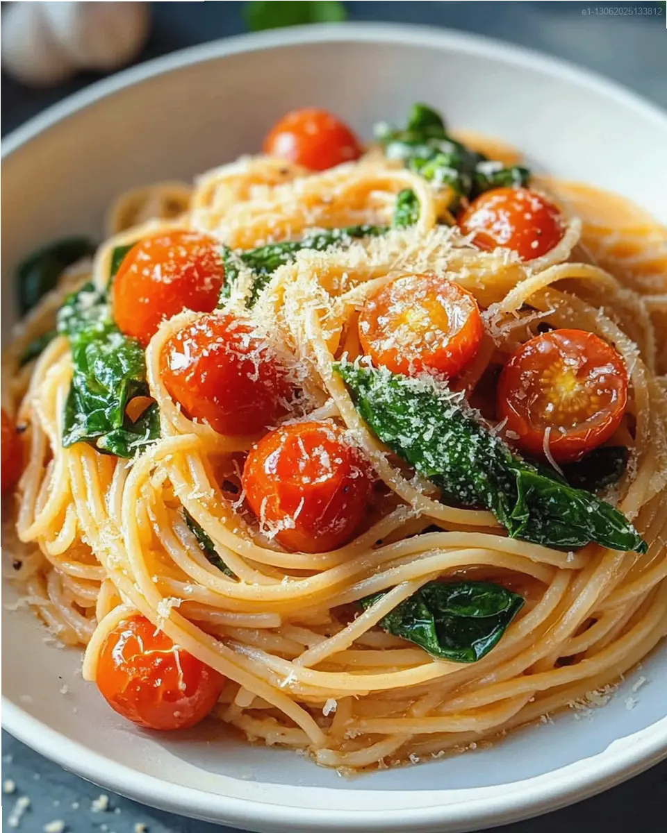 Pasta con tomates cherry, ajo laminado y espinacas frescas en sartén blanca