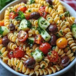 Ensalada de pasta con tomates cherry, queso y verduras frescas
