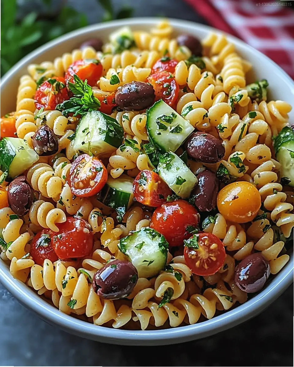 Ensalada de pasta con tomates cherry, queso y verduras frescas