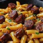 Pasta rigatoni con salchicha dorada y salsa cremosa de miel y ajo