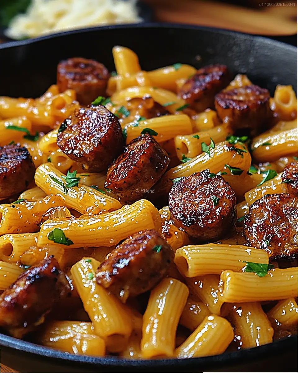 Pasta rigatoni con salchicha dorada y salsa cremosa de miel y ajo