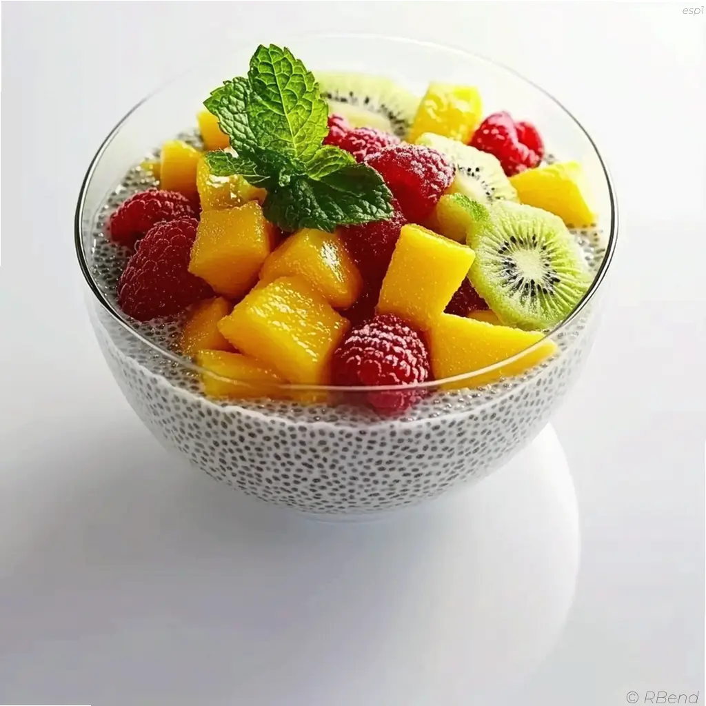 Pudín de frutas con semillas de chía en vaso transparente con mango y kiwi frescos