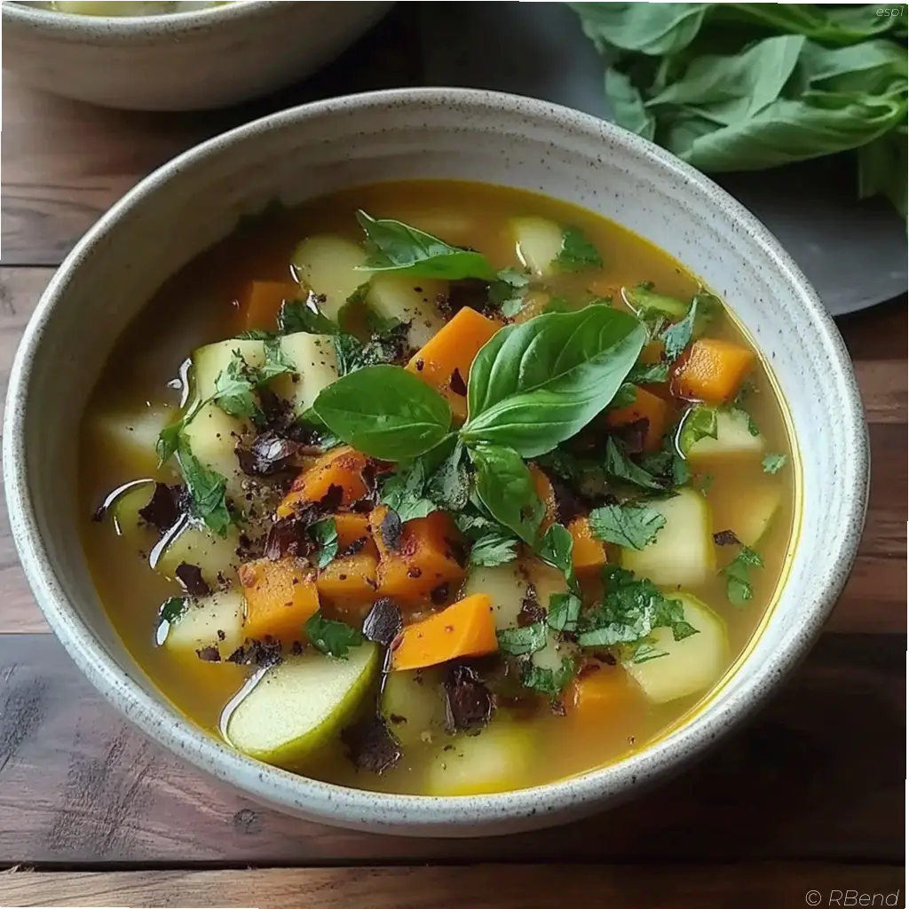 Sopa detox de nabo en un bol con trozos de verduras frescas y hierbas